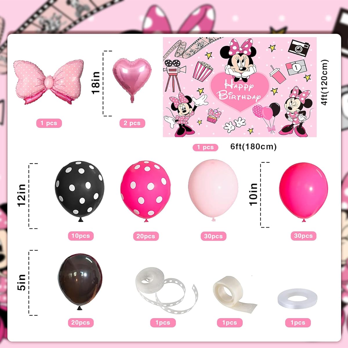 Pink Mouse Birthday Backdrop 6x4ft Pink Mouse Color Balloon Garland Kit 116 Pieces Pink Black Dots Balloon Arch with Pink Ribbon Balloons for Girls Mouse Theme Birthday Baby Shower Party Supplies
