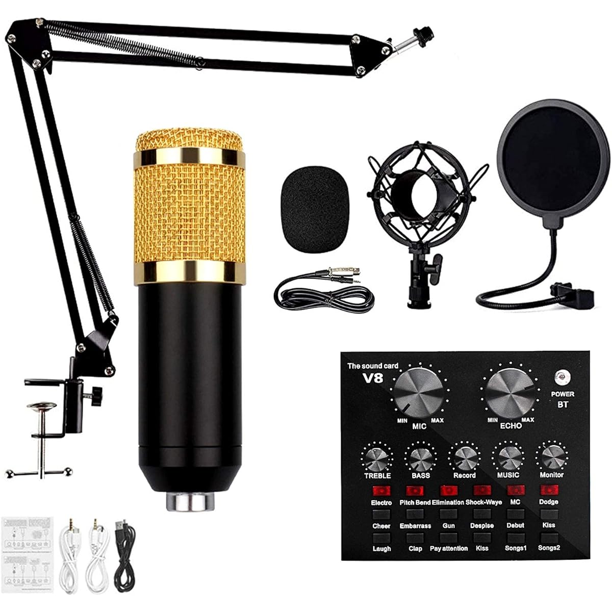 BM-800 Microphone Kit with Live Sound Card, Condenser Microphone Bundle, Adjustable Mic Suspension Scissor Arm, Live Sound Card with Effects and Voice Changer, for Studio Recording and Broadcasting, etc. DDF