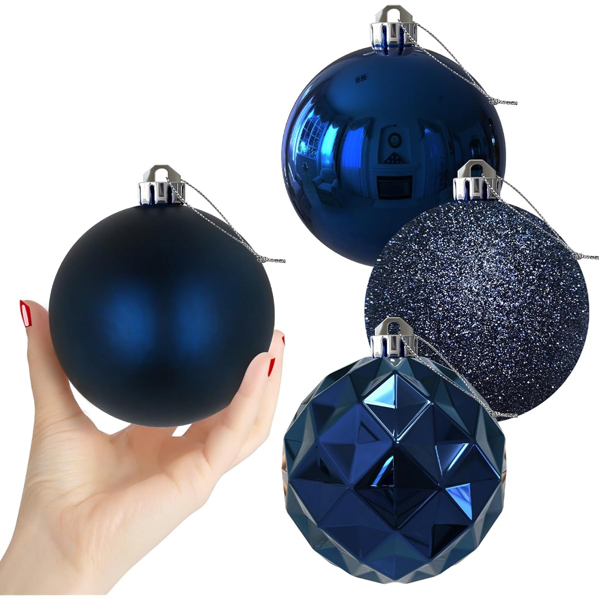 Navy Blue 4 Inch Large Christmas Balls - Christmas Tree Decoration Ornaments Shatterproof Hanging Balls Christmas Tree Holiday Wreath Garland Decor Set of 4 Dark Blue Christmas Ornaments