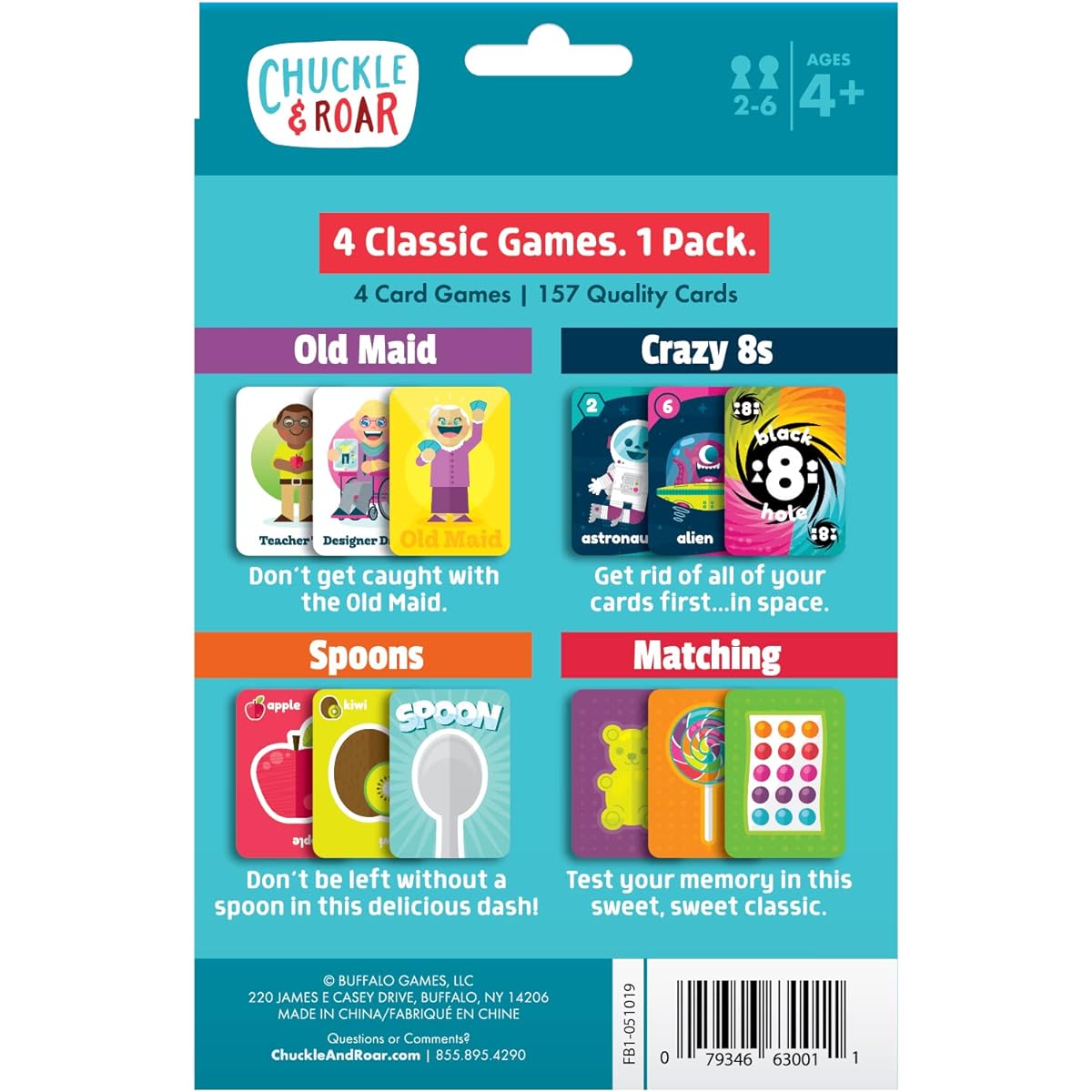 Chuckle & Roar - Classic Card Game 4 Pack - Ages 4+ - Family Game Night - Old Maid Crazy 8 Year Old Spoon Matching