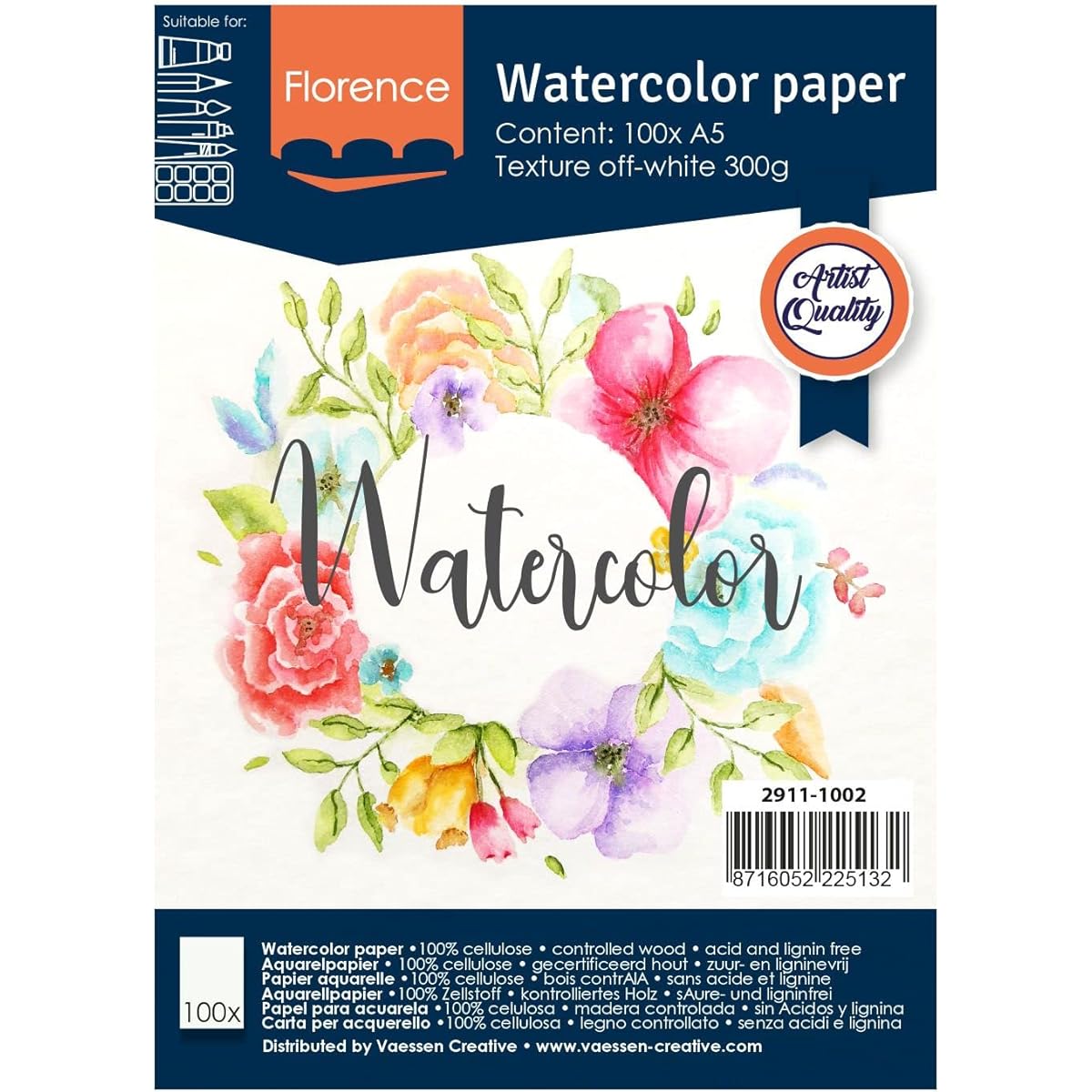 Vaessen Creative Florence Watercolor Paper A5 Ivory 300GSM Artist Grade Quality Textured Surface 100 Sheets for Painting, Writing and Art Projects
