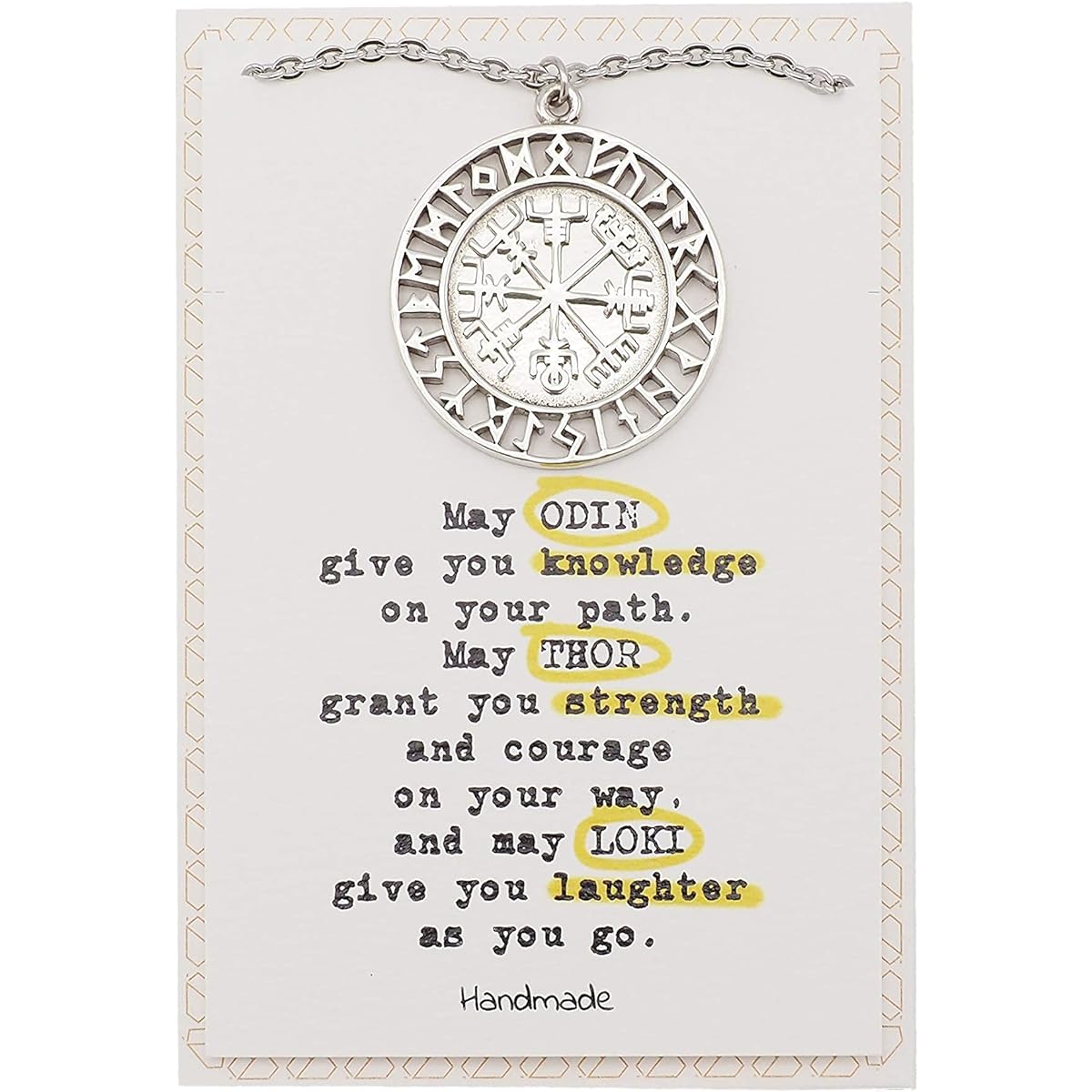 Quinnlyn & Co. Viking Compass Pendant Necklace, Beach Themed Charm, Thor Inspired Handmade Gift with Inspirational Message for Men, Greeting Card