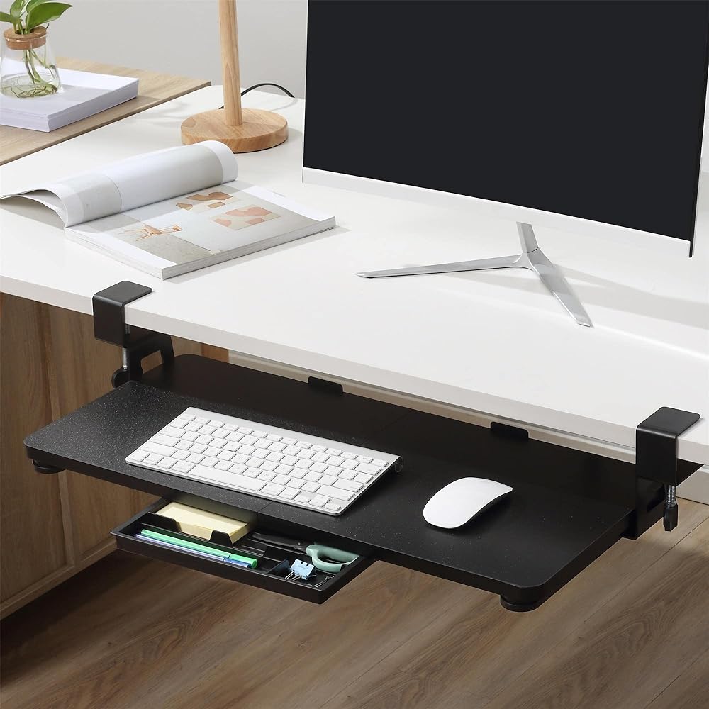 ETHU Keyboard Tray with Drawer Stationery Storage Retrofit Keyboard Slider Crank Type Pen Case Included Full Keyboard Smartphone Holder Ergonomic Black