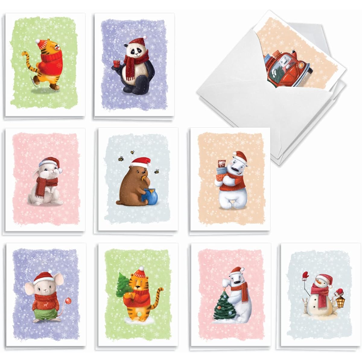 The Best Card Company Christmas Note Cards Box Set of 20 4 x 5.12 Inch with Envelopes (10 Designs, 2 of Each) - Holiday Cutie Pie AM10200XSG-B2x10