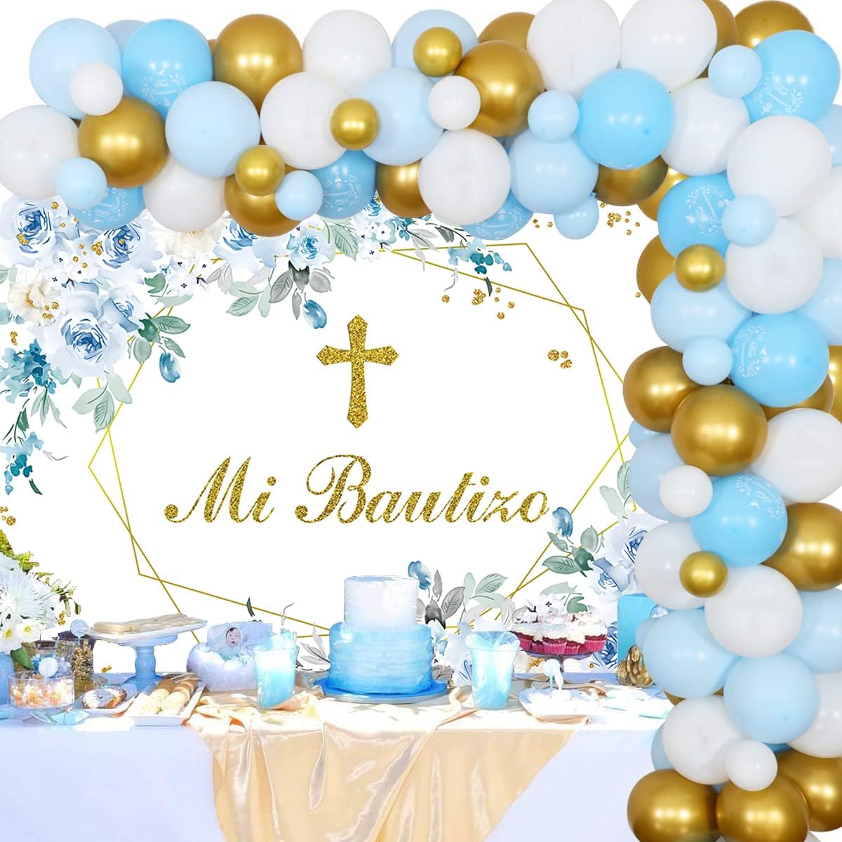 Mi Bautizo Backdrop Mexican Baptism Party Decorations Blue Flower Background Blue Gold Balloon Garland God Bless First Communion Baptism Faith Party Baby Shower