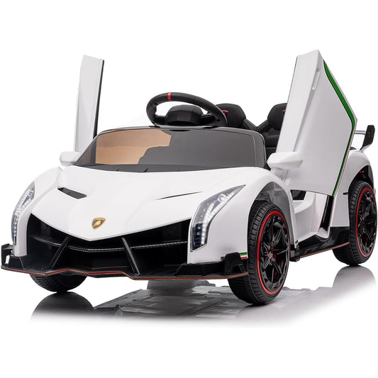 AOKOY Children's Car 4x4 License Lambor-ghini Veneno Kids Electric Car Toddler Ride-On Sports Car with Remote Control 12V Swing Mode Hydraulic Door White