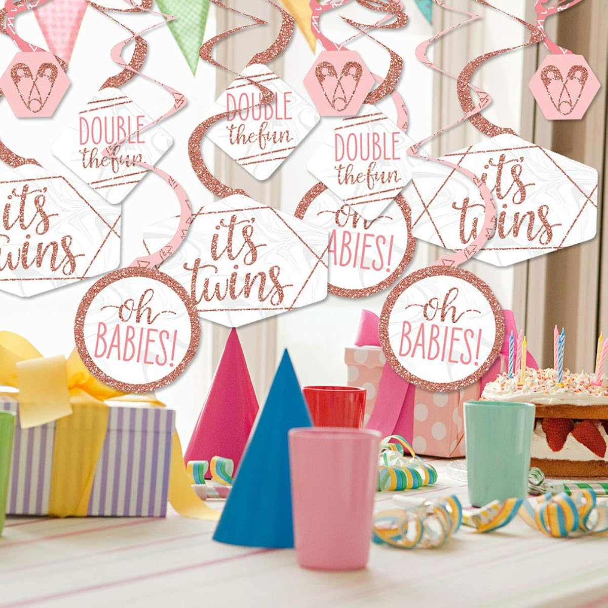 Big Dot of Happiness It's Twin Girls Pink and Rose Gold Twins Baby Shower Hanging Decor Party Decorations Swirls Set of 40