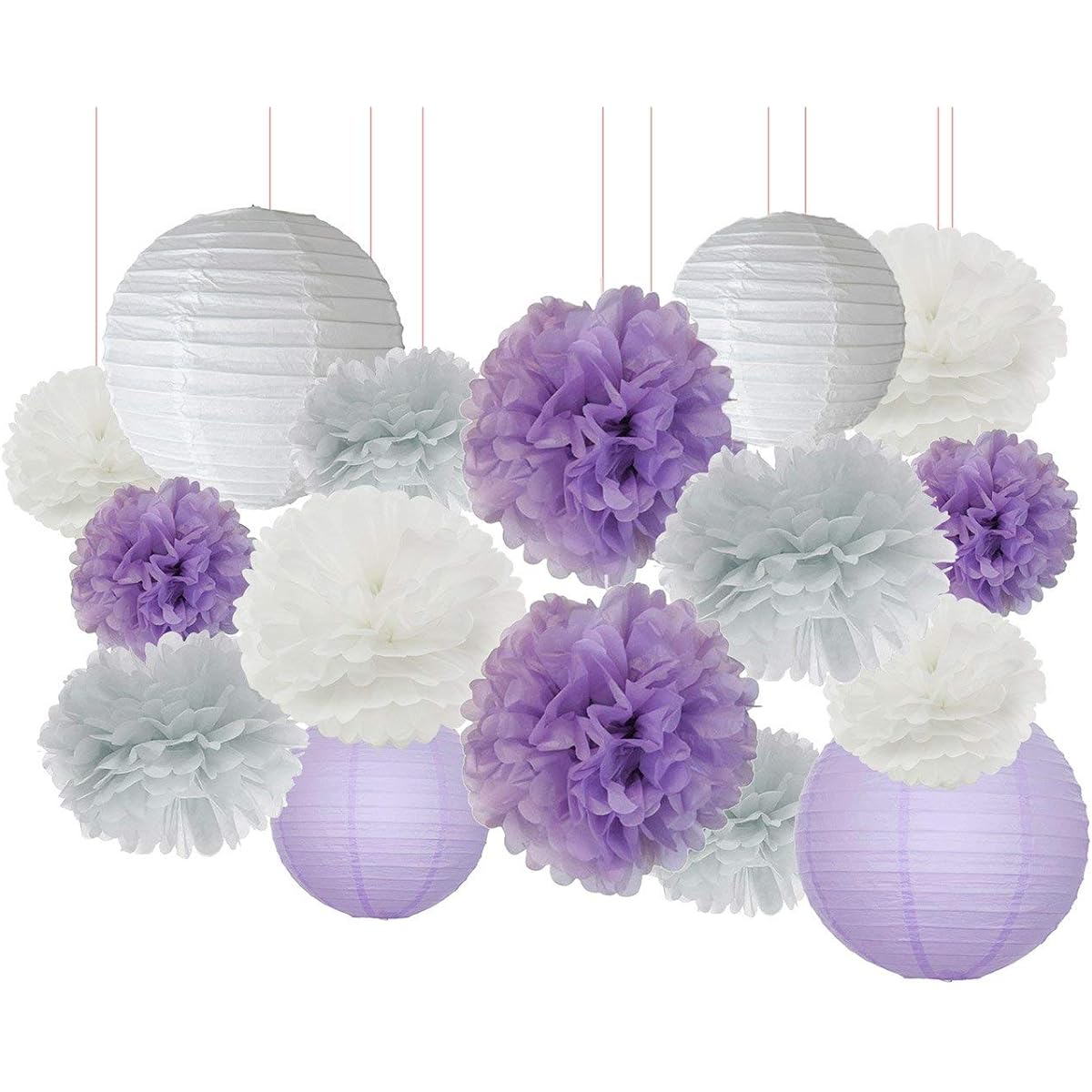 Elephant Baby Shower Decorations, 16pcs White Lavender Grey Purple Tissue Paper Paper Lanterns with Pom Poms for Lavender Theme Party Bridal Shower Decorations Birthday Decorations