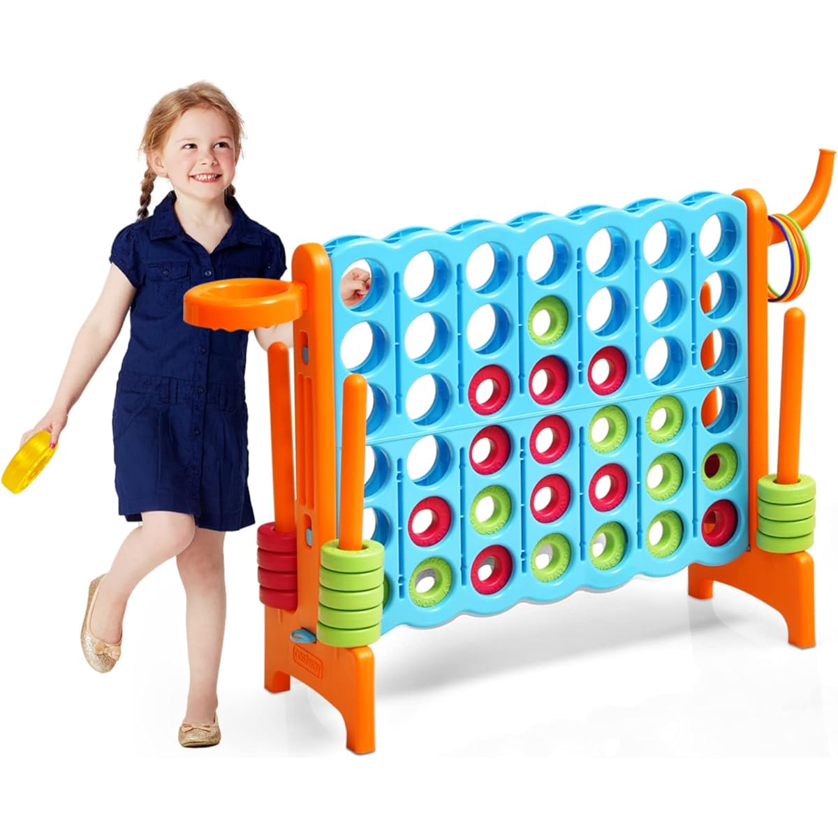 HONEY JOY Jumbo 4-Score Giant Game Set, 3-in-1 Indoor Outdoor Family Yard Game Set, Basketball Hoop & Ring Toss, 42 Jumbo Rings, Quick Release Riders, Huge 4"-A-Row for Kids & Adults (Orange)