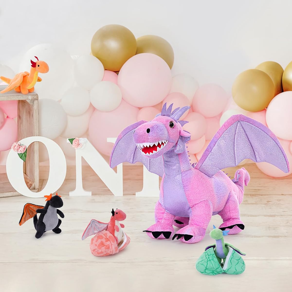 MaoGoLan 7 Pieces Dragon Plush Toys, Pink Dragon Stuffed Toy Set, Large Dragon Stuffed Toy Bulk, 4 Babies and 2 Eggs Stuffed Toys.