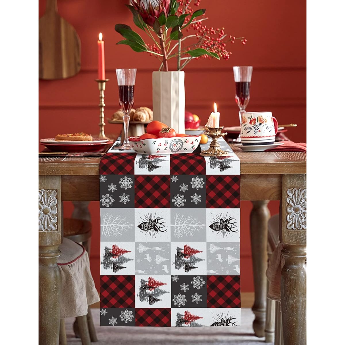 Christmas Buffalo Plaid Table Runner Christmas Checkered Plaid Moose Party Holiday Kitchen Dining Room Decor Christmas Tree Bear Dinner Runner 13" x 48"