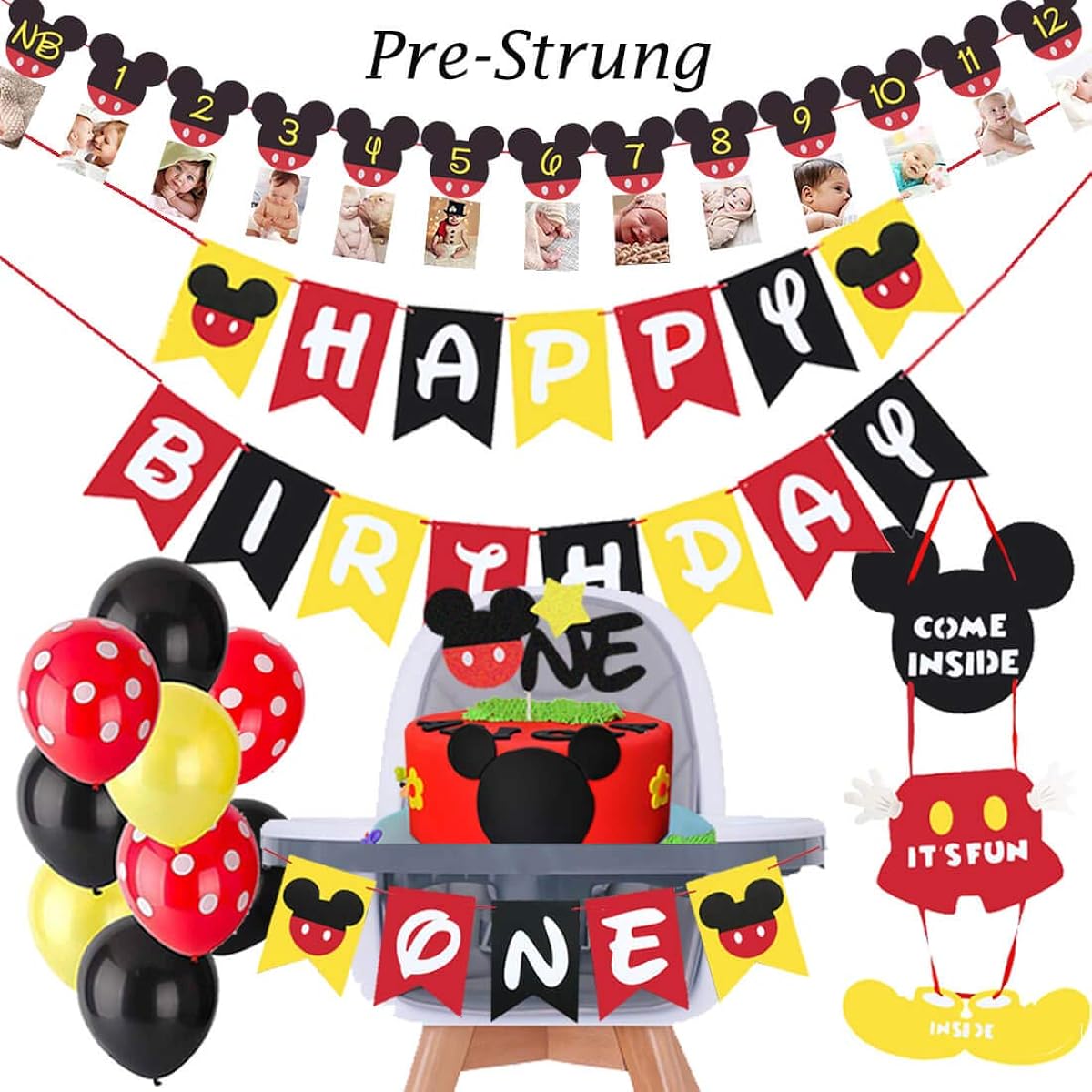 HEETON Mickey First Birthday Kit Mouse 1st Birthday Cake Topper Balloons Party Decorations Highchair Banner Door Hanger Mickey Theme Baby Boy Photo Booth Props