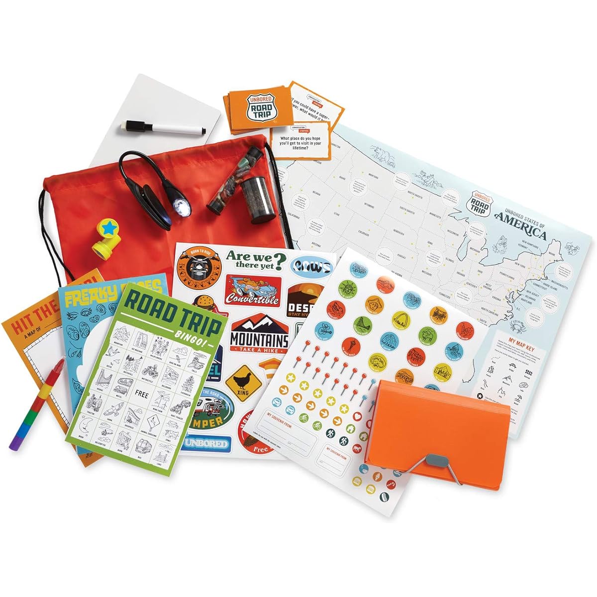 MindWare Unbored Activity Kit Road Trip Survival Kit with Games, Maps, Recipes, Tools for Long Family Road Trips