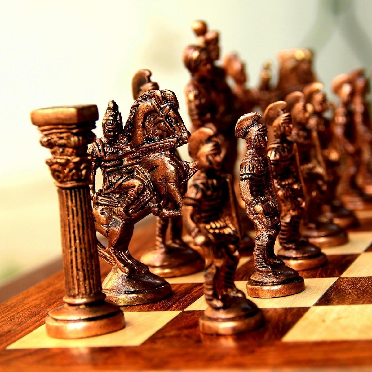 Unravel India Roman Brass Chess Set with wooden board