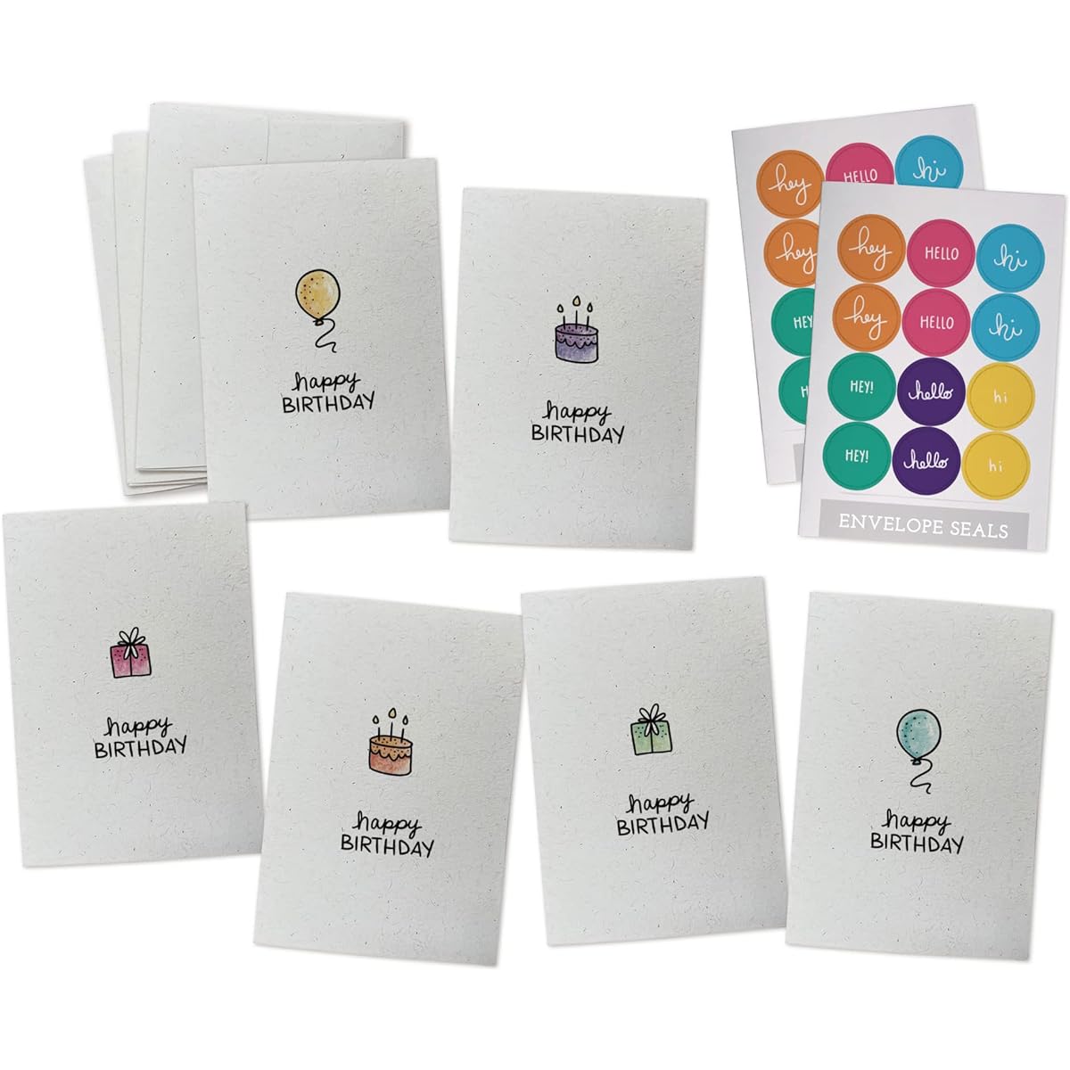 Minimalist Happy Birthday Note Card Set - 24 Blank Greeting Cards with Envelopes & Colorful Stickers