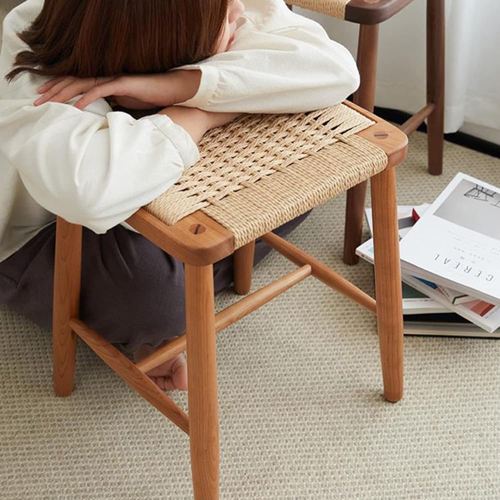 MU RONG Stool Wooden Square American Cherry Rattan Rattan Solid Wood Chair Wooden Chair Wood Stool Dining Chair Living Chair Rattan Chair Durable Rattan Rattan 42cm*36cm*45cm Finished Product Interior Scandinavian Compact