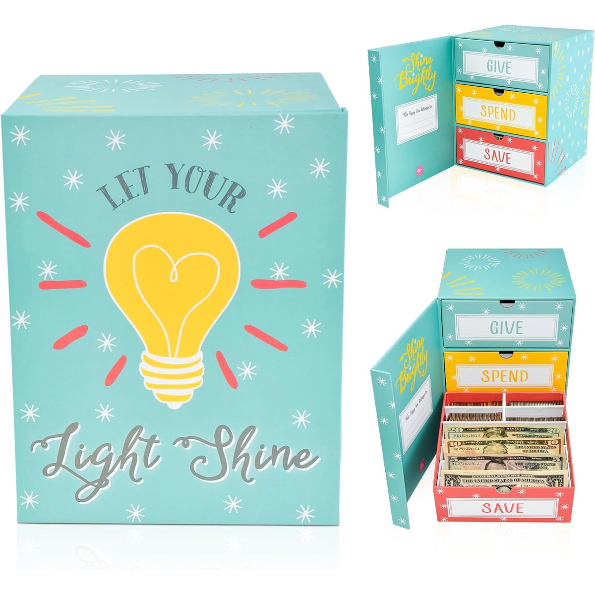 The Piggy Box Save Spend Give Money Box | Teach Your Kids About Saving and Giving Money | 3 Drawers for Bills and Coins | Great Birthday/Holiday Gift & Room Decor