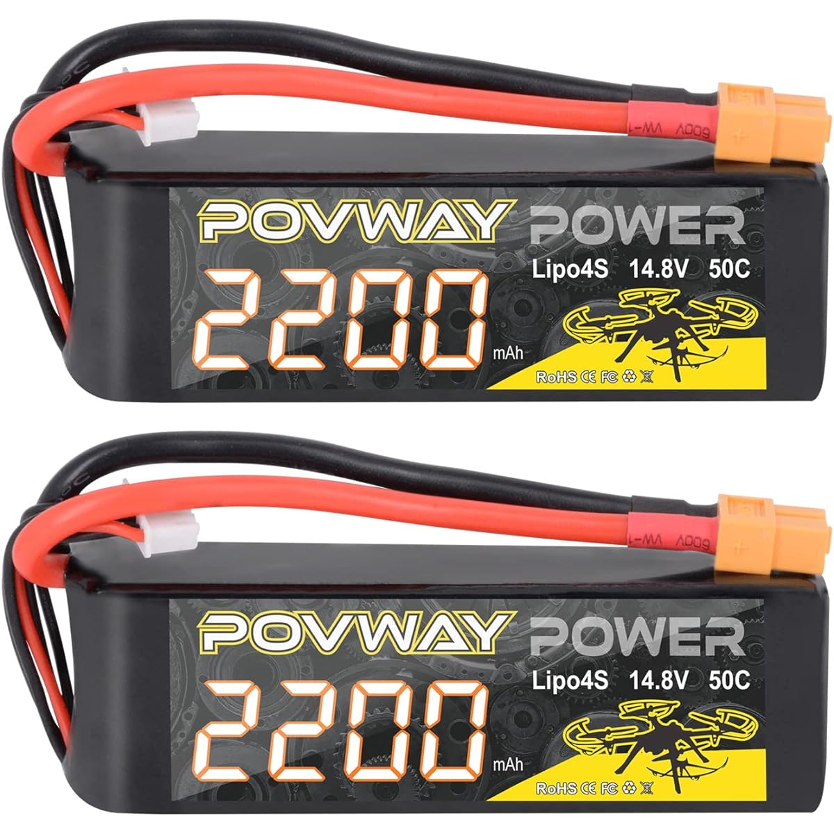 POVWAY 4S 2200mAh LiPo Battery Pack 14.8V 50C with XT60 and Deans Plug for RC Trucks, RC Planes, RC Helicopters, Drones and Quadcopters (4s 2200mah 2 Pack)