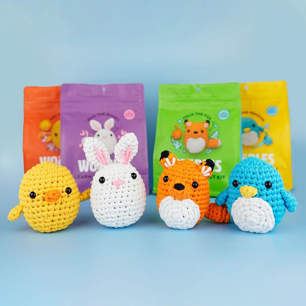 The Woobles Beginner Crochet Kit Bundle (Penguin, Chick, Fox, Bunny) with Easy Pin Easy Yarn - All-in-One Crochet Kit - Crochet Kit Bundle for Beginners with Step-by-Step Video Tutorials