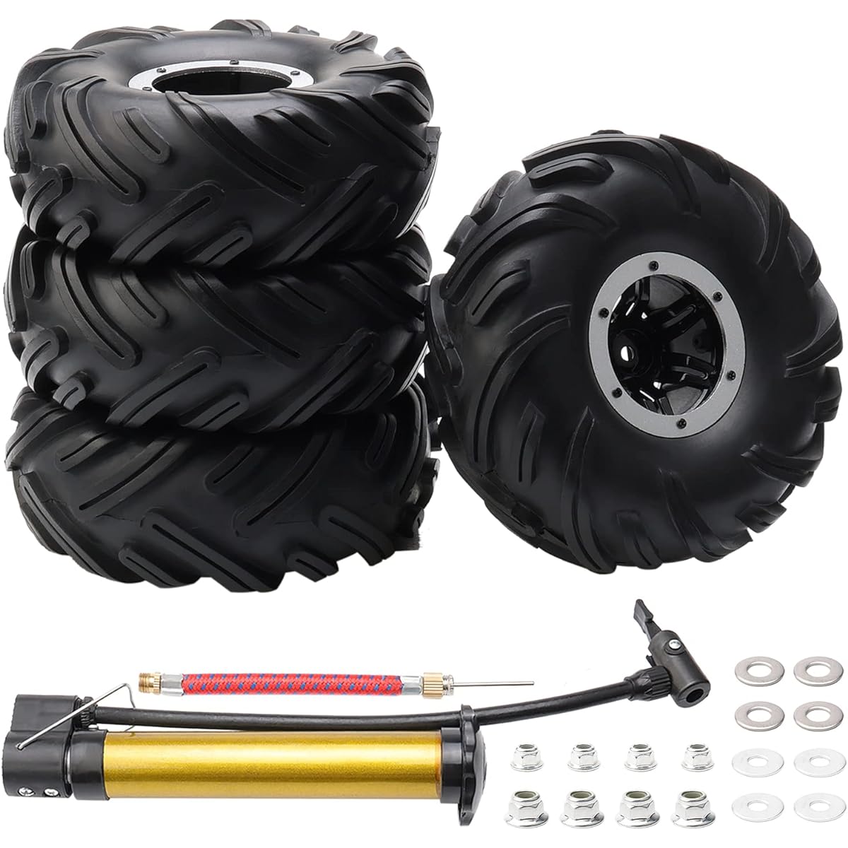 Rchobbytop RC 2.2" Tires Inflatable OD 140mm Mud Badlands Tractor Tread Tires 12mm Wheel Rim Lock Nuts for 1/10 Rock Crawler Monster Truck Traxxas Maxx Axial RC4WD Silver Pack of 4