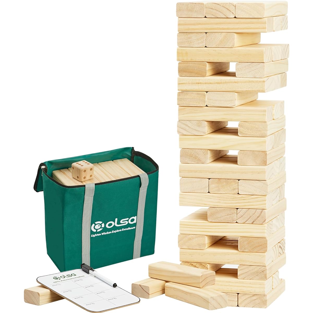 OLSA Giant Tumble Tower 60 Pieces Wooden Blocks Stacking Yard Game with Carry Bag, Classic Outdoor Game for Kids/Adults/Family (Stacks from 2.2ft to 5ft)