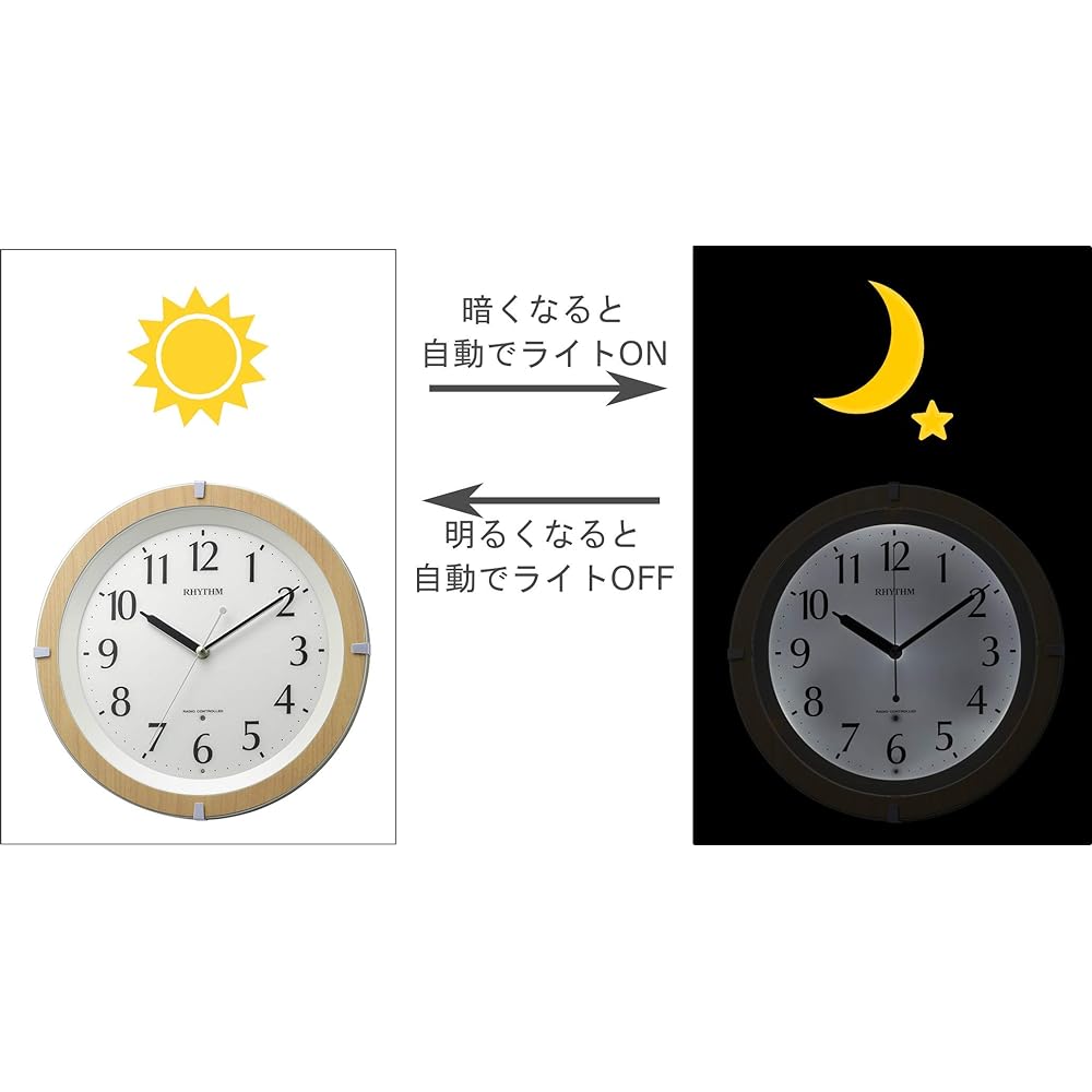 RHYTHM Wall Clock, Radio Controlled Clock, Dark Light, Automatic Lighting, White LED, Quiet, Continuous Second Hand, Brown, φ31.7x5.3cm, 8MY561SR03