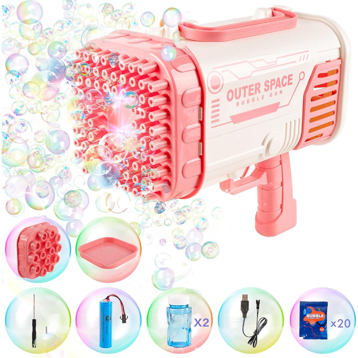 Bubble Machine Gun with Light/Bubble Solution/10 Holes Replacement Heads for Kids Toddlers 80 Holes Bubble Maker Summer Toys Gifts for Outdoor/Indoor/Birthday/Wedding Party