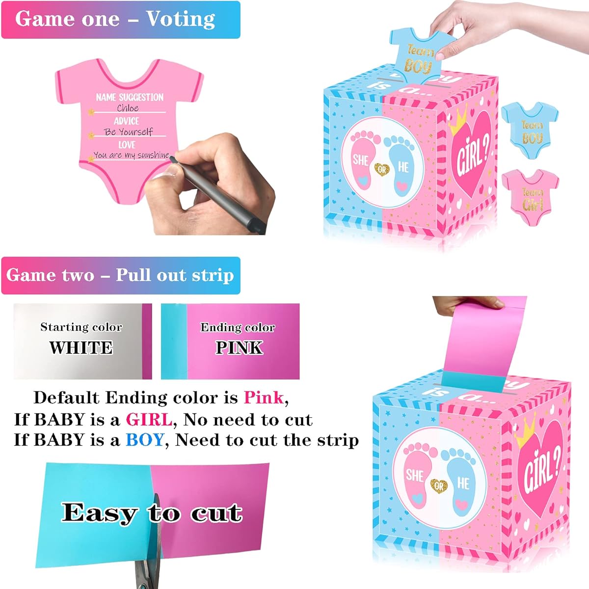 hongpar Baby Gender Reveal Pull Out Game Ballot Box with 60 Voting Cards Boy or Girl Party Supplies Pink and Blue