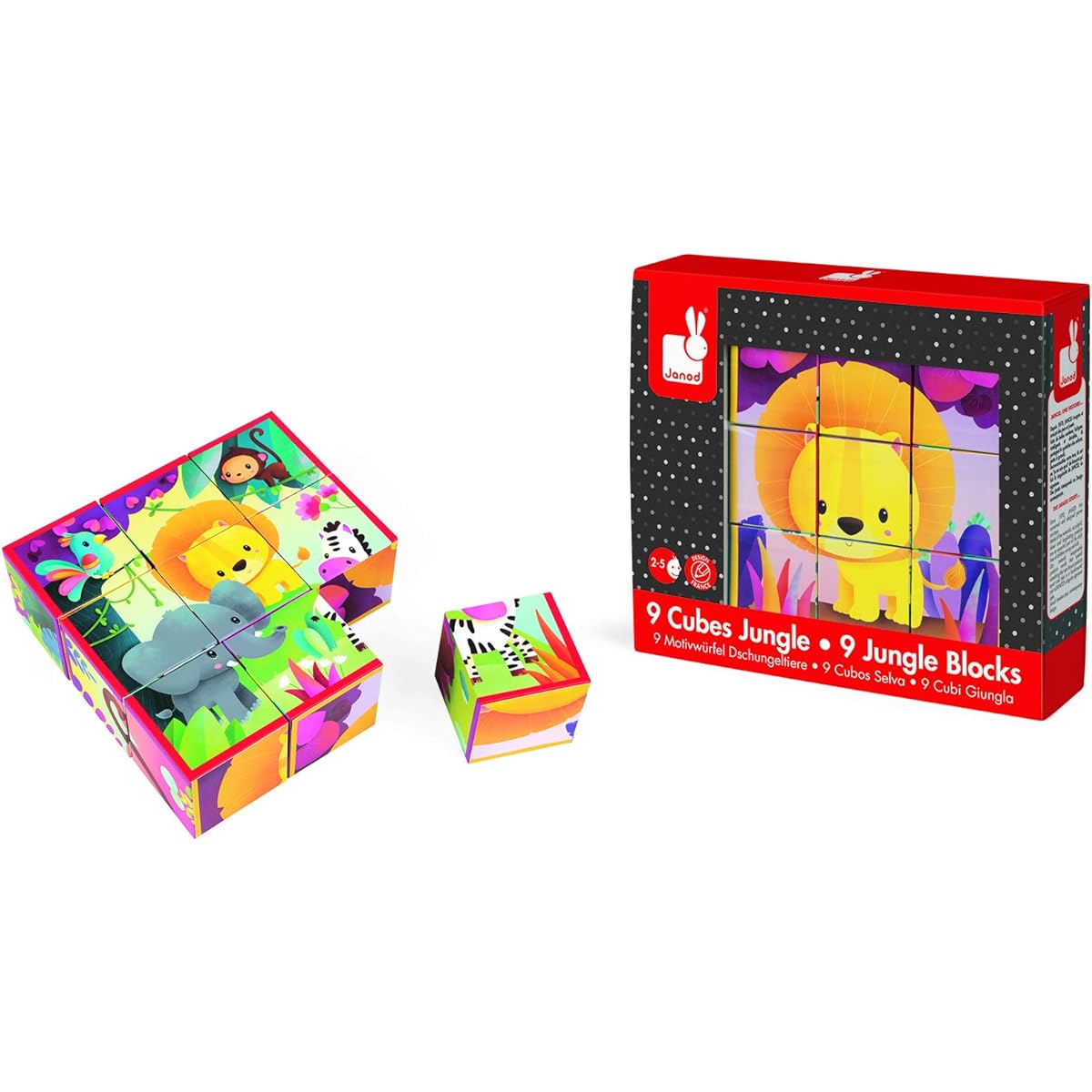 Janod - J02732 - Kubkid - 9 cardboard cubes - Jungle animals