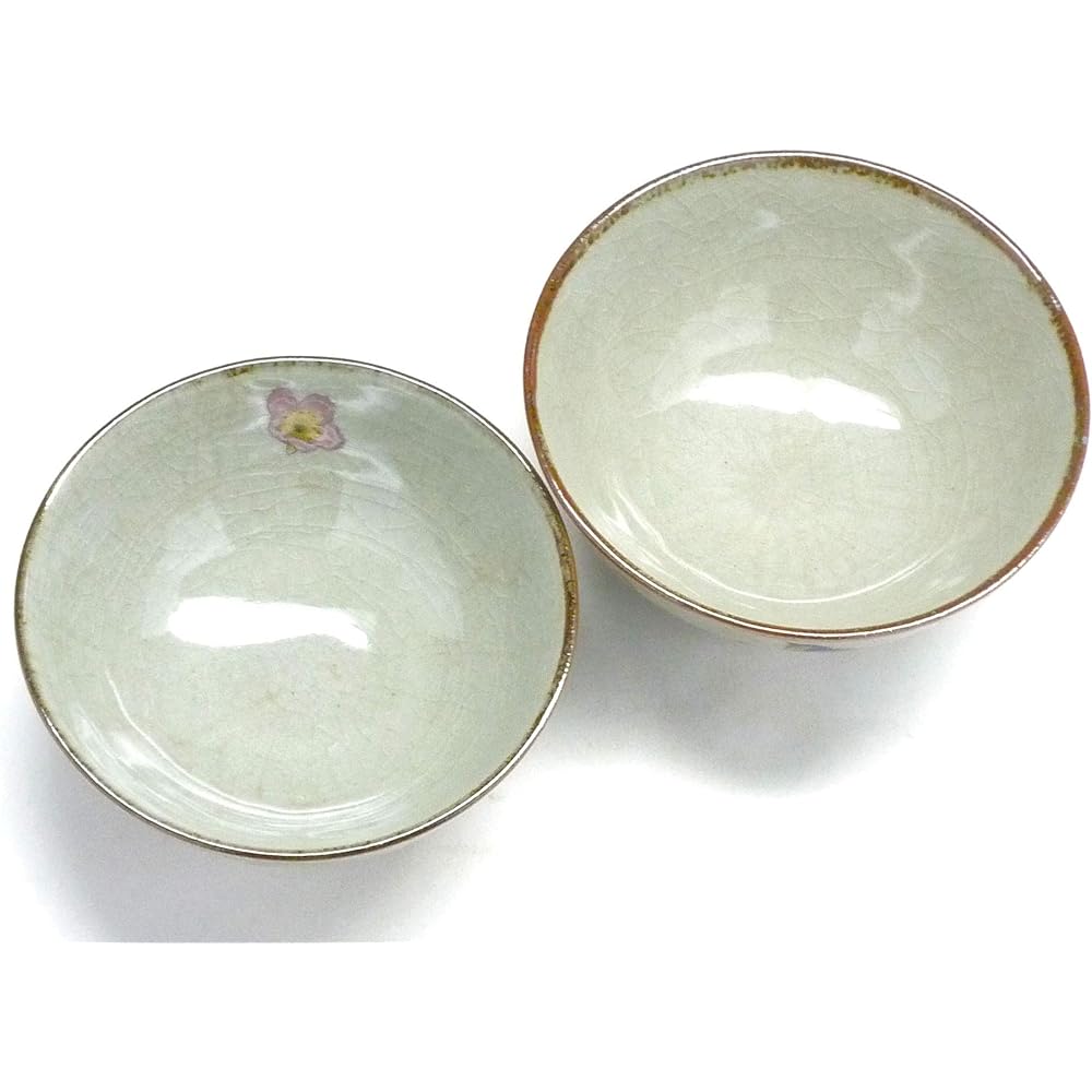 Kutani ware [pair rice bowl] Somei Yoshino cherry tree, golden plum and bird, pink, yellow, blue, blue, green, brown, 12 x 5.3cm (large)