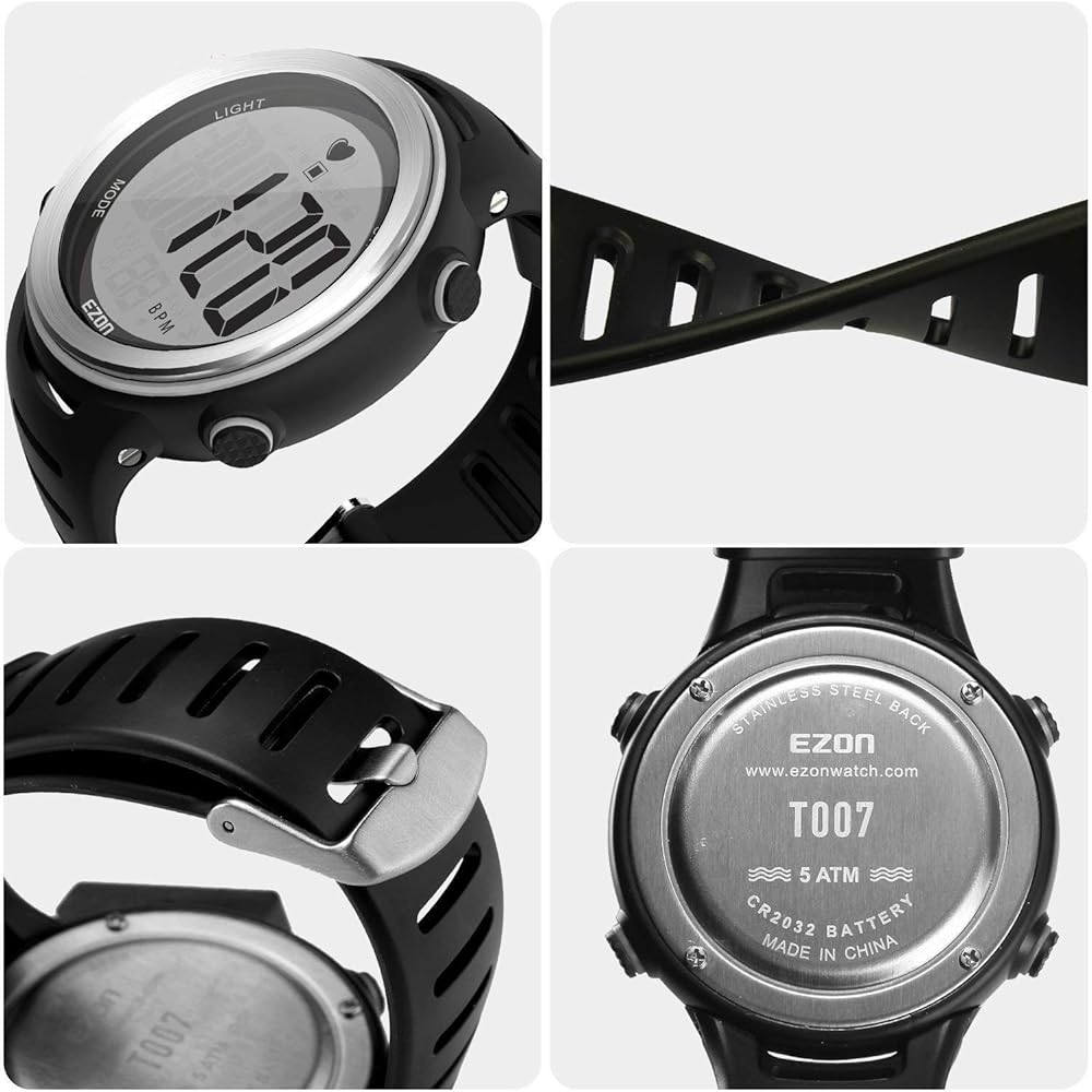 EZON Running Watch Sports Watch Heart Rate Monitor IP67 Waterproof and Dustproof 1.22 inch Large Display Men's Black