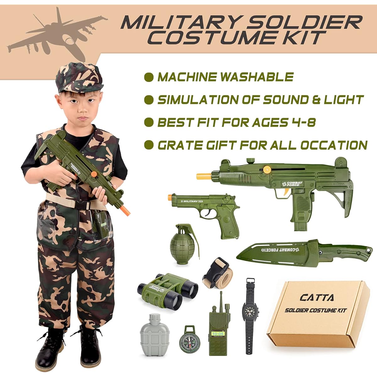 [FUFSAWS] CATTA Kids Soldier Costume Set, Deluxe Military Camouflage, Halloween Role Play for Boys Age 4-8