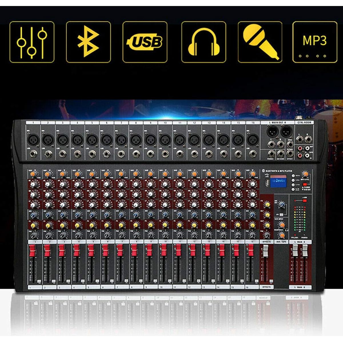 TFCFL 16 Channel Audio Mixer Professional USB Audio Interface Soundboard Console Desk System Interface Digital USB Computer Phantom Power Stereo DJ Studio Metal+Plastic Black