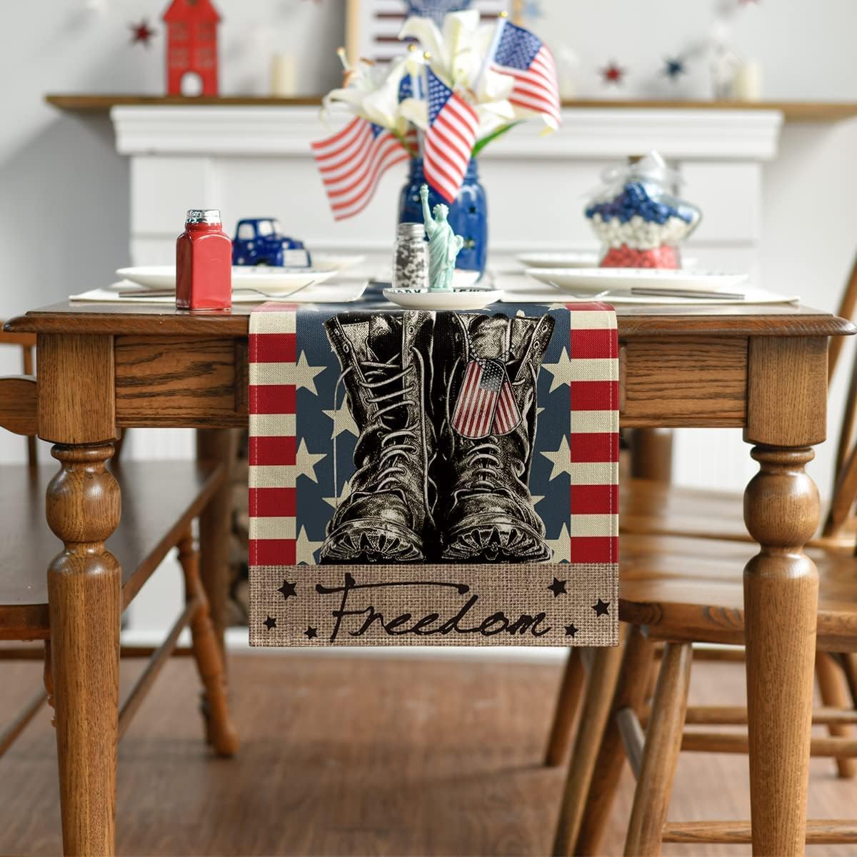 4th of July Decorative Table Runner - 13x72 Inch Memorial Independence Day Decor Striped Star Boots Freedon Patriotic Farmhouse Tablecloth - Kitchen Dining Home Party Table Decorations