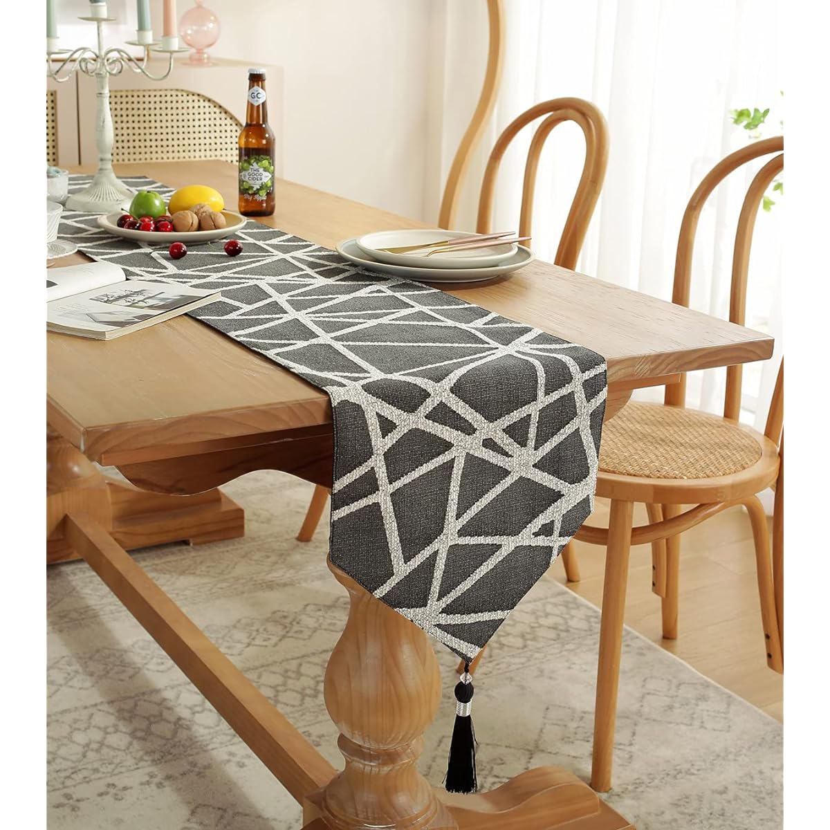 Caflife Grey Table Runner Home Living Room Bedroom Art Decoration Modern Table Runner Linen Black and Mineral Grey Runner AB Sides with Tassels Natural Fabric Rustic Table Runner 90" Long