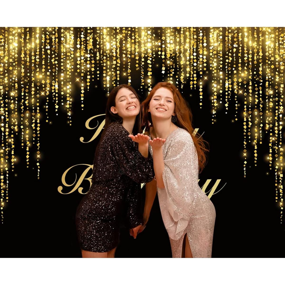 Dienalls 7x5ft Happy Birthday Backdrop for Women Girls Black & Gold Glitter Bokeh Sequin Spots for Photography Golden Sparkle Photo Booth Props Party Banner Cake Table Decoration
