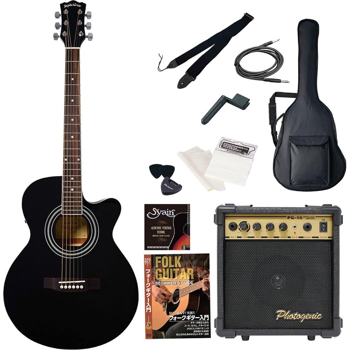 SepiaCrew Electric Acoustic Guitar EAW-01 Entry Set 10W Amplifier Photogenic PG10 Included (BK)