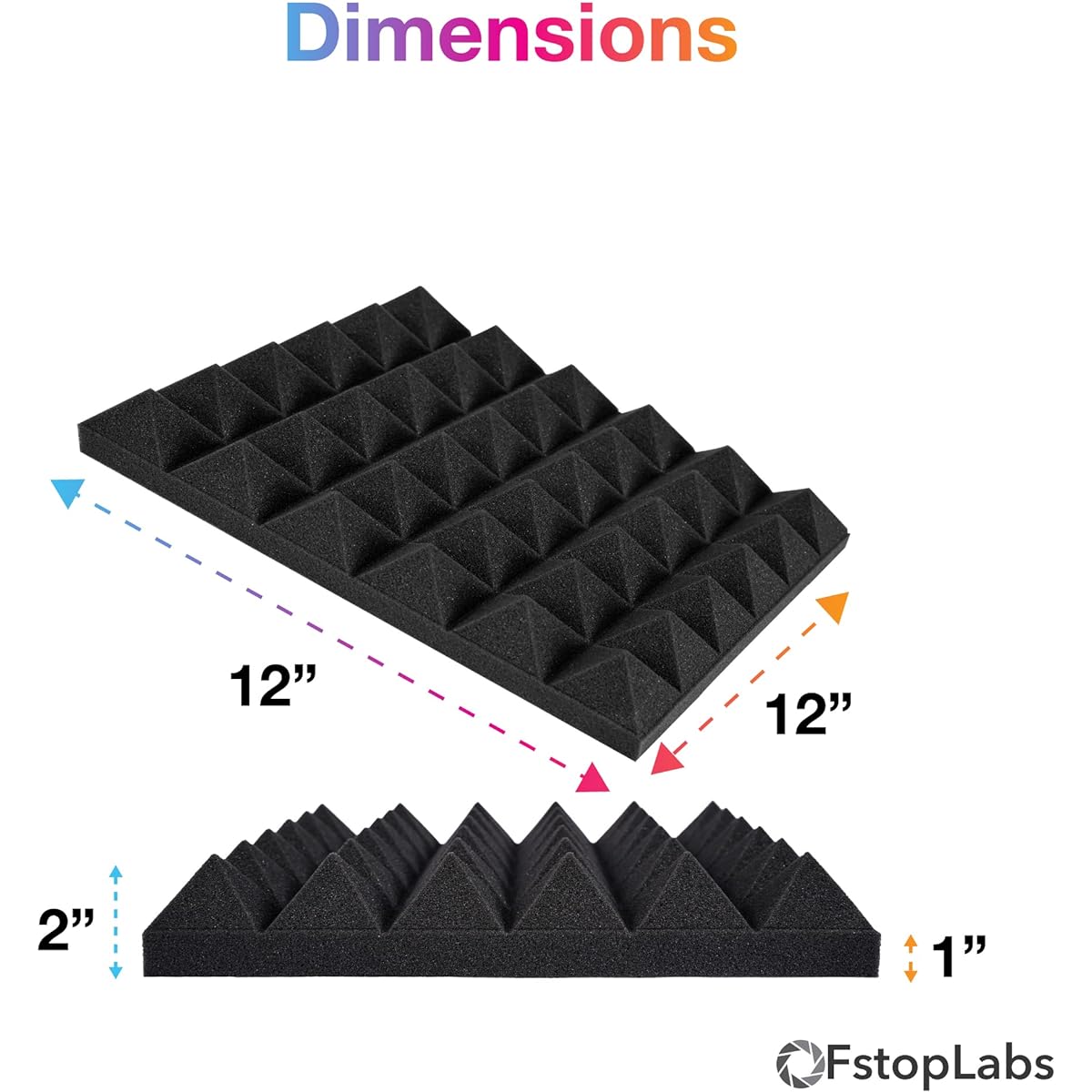 Fstop Labs Acoustic Foam Panels 2" x 12" x 12" Pyramid Sound Absorbing Panels Soundproofing Studio Sound Panels Absorbing Treatment Wall Tiles (24 Pack, Black)