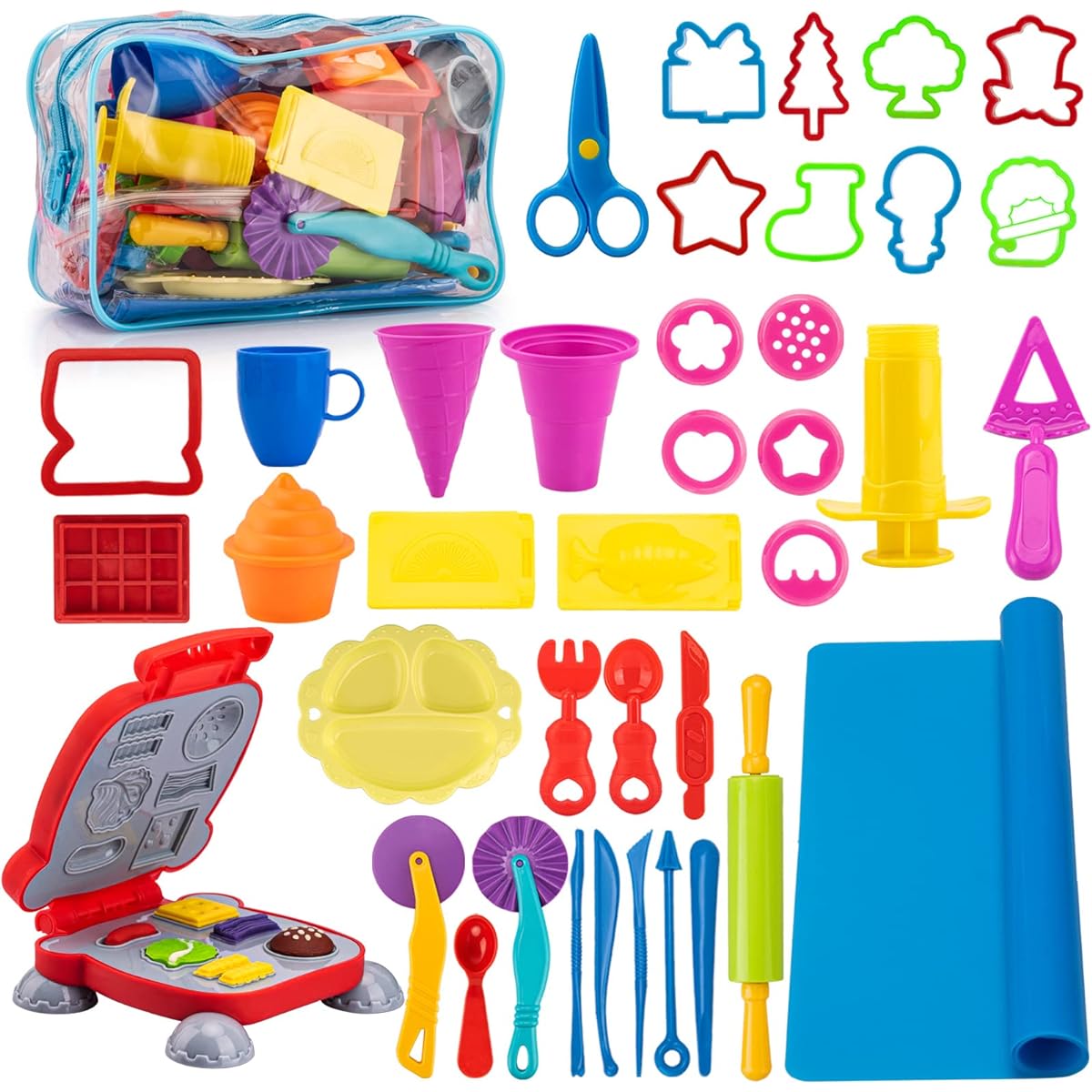 Play Clay Tools for Kids, 44 Piece Play Clay Tool Kit with Dough Accessories, Molds, Rollers, Cutter, Scissors and Storage Bag