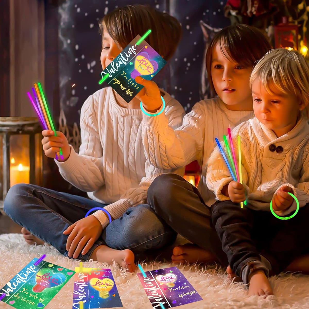 HONGTEYA Valentine Cards 48 Pack Valentine's Day Cards with Glow Sticks for Kids/Girls/Boys