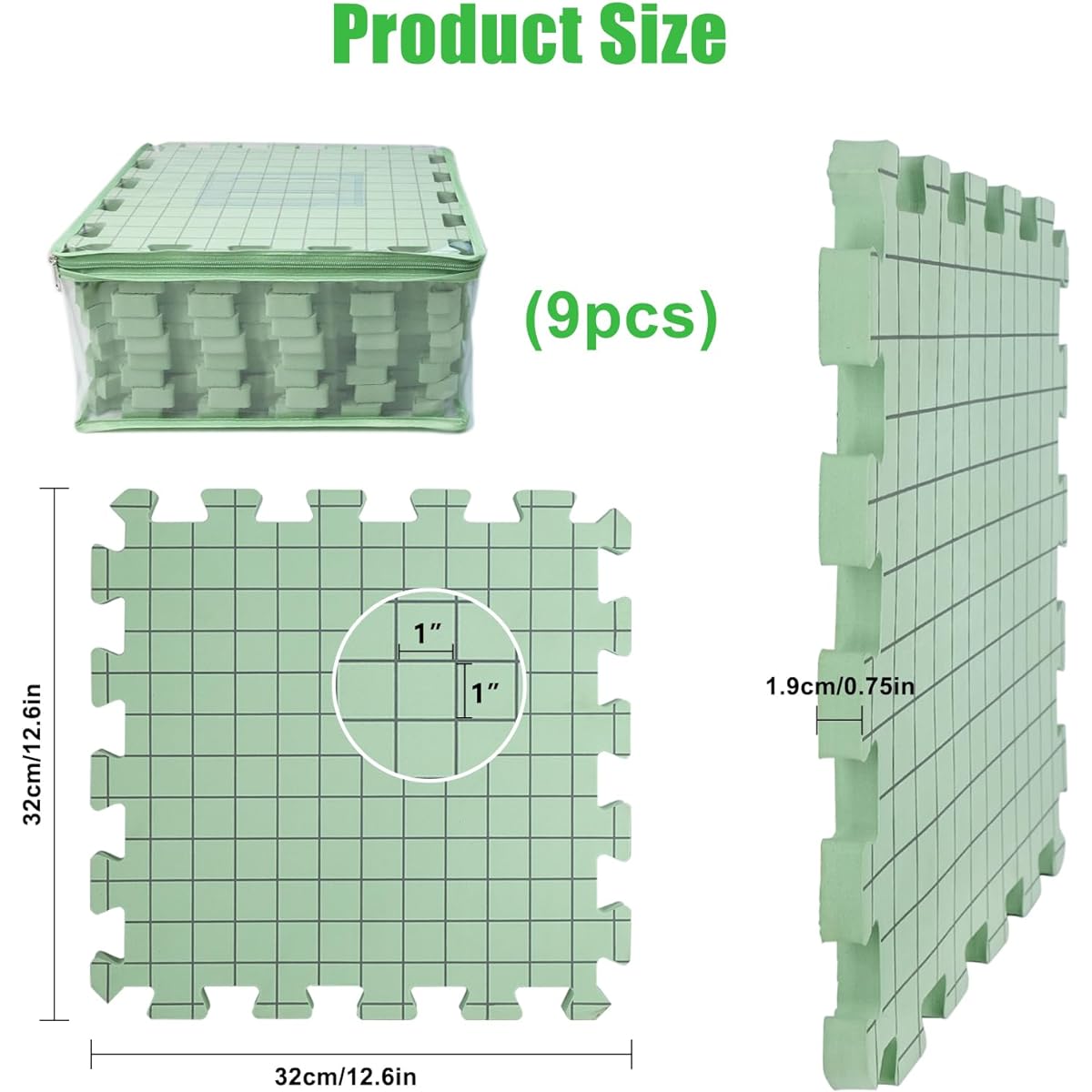 Knitting Block Mat 9 Pieces 0.75" Extra Thick Crochet Board 12" Standard Blocking Mat for Wet & Steam Blocks (Green (9))