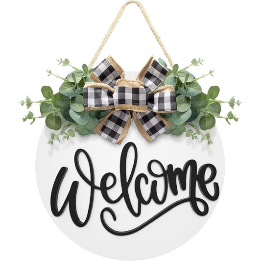 Welcome Sign for Front Door Decoration Farmhouse Front Door Wreath with Vibrant Eucalyptus Wreath & Buffalo Bow - Wooden Welcome Door Sign Outdoor Indoor Hanging Welcome Wall Decoration Housewarming Gift