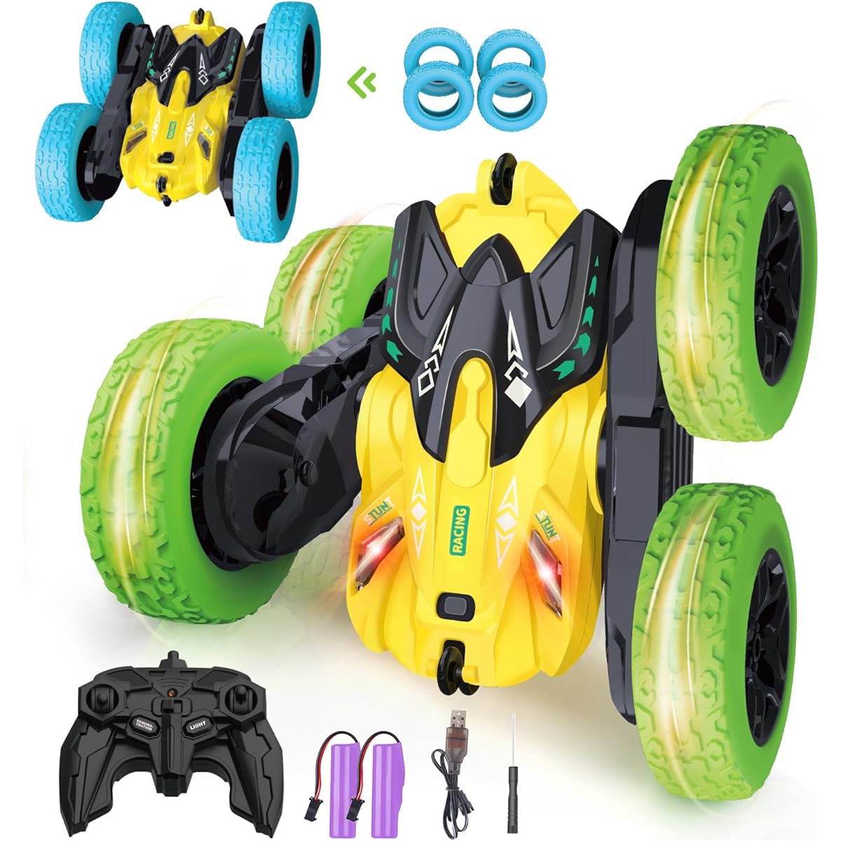 seveclotree Remote Control Car RC Car for Kids 4WD 2.4Ghz Double Sided 360° Rotation Stunt Car with Headlights Toy Car for Boys Girls Ages 6 7 8 9+