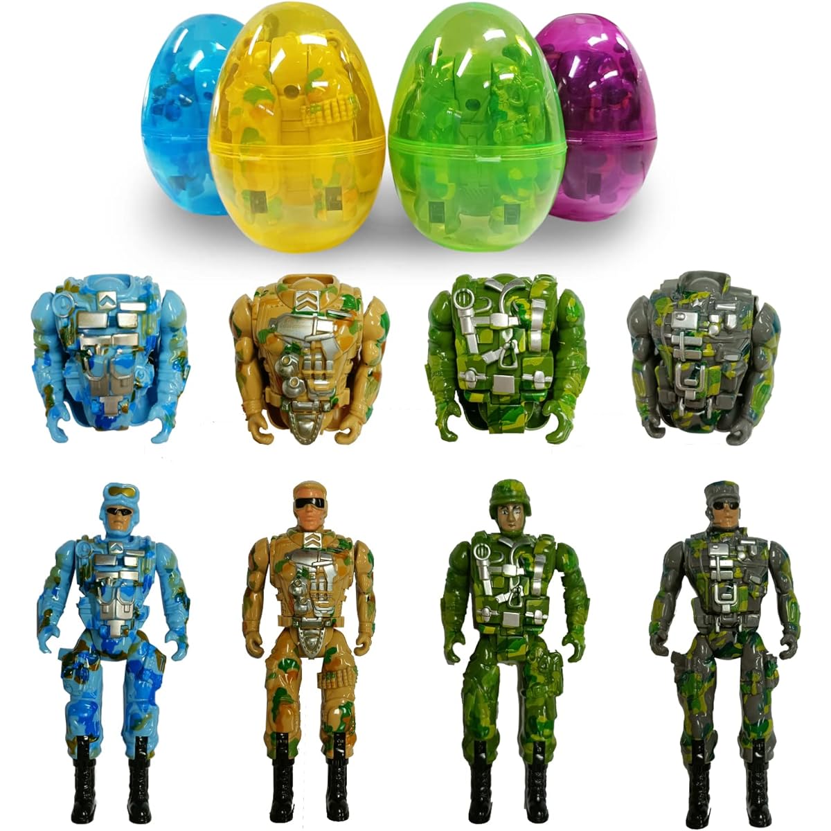 PRAABDC 4pcs Jumbo Transformable Soldier Toy Easter Eggs Easter Gifts Easter Basket Stuffers Filler for Kids Boys Girls