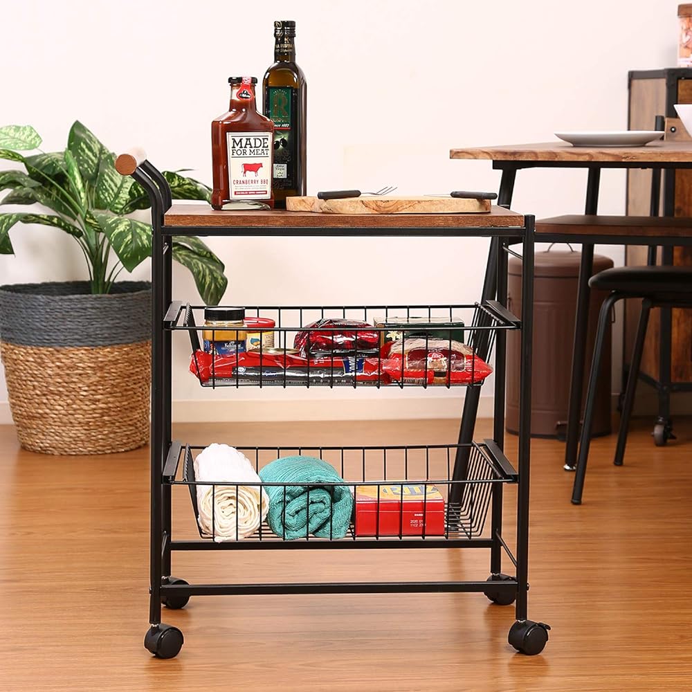 Fuji Boeki Kitchen Wagon Kitchen Rack Width 32 x Depth 56.5 x Height 70 cm Brown Black Vintage Style with Casters Storage Basket Navy 14662