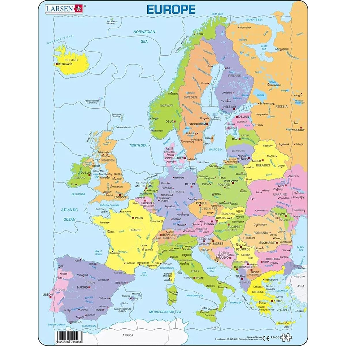 Larsen Puzzles Europe Map for Kids Educational Jigsaw Puzzle 37 Piece Tray & Frame Style Puzzle Premium Handmade Puzzle Imported from Norway