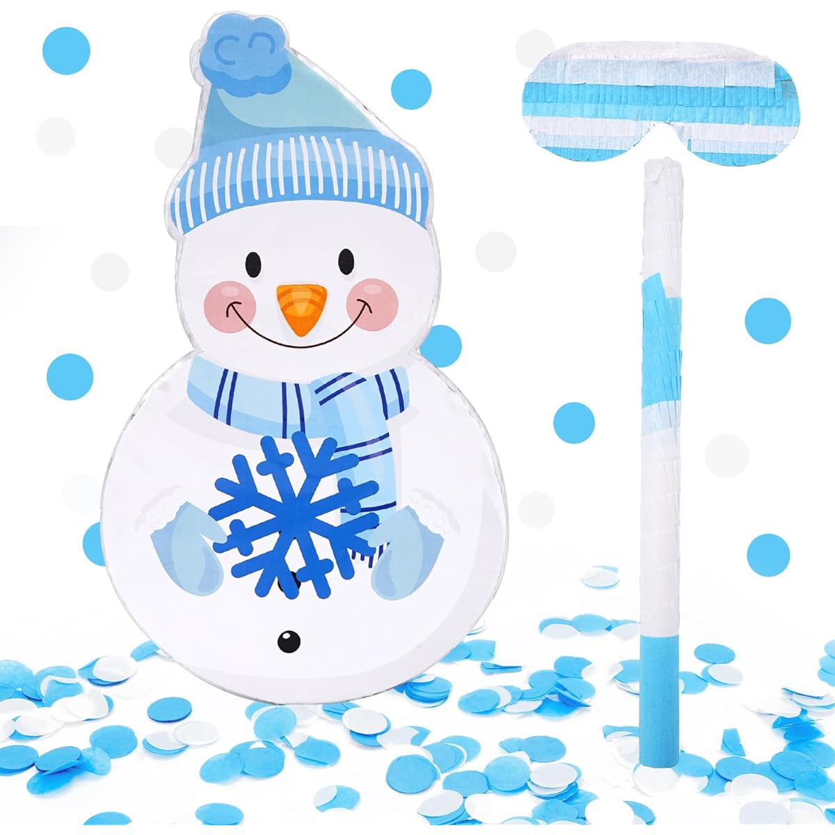 Whaline Winter Snowman Pinata Set with Stick, Blindfold, Confetti, Blue Christmas Pinata Holiday Birthday Party Game Decoration