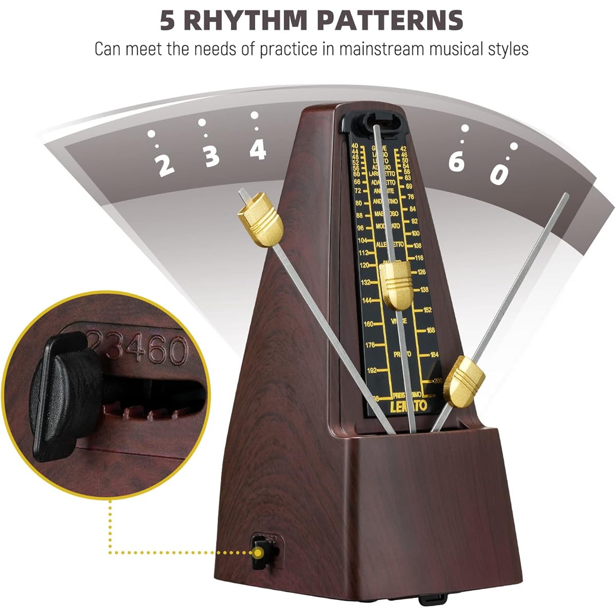 LEKATO Mechanical Metronome - Accurate Track Beat & Tempo for Piano/Guitar/Ukulele/Violin, Loud Volume, Wood Grain Finish, For Musicians