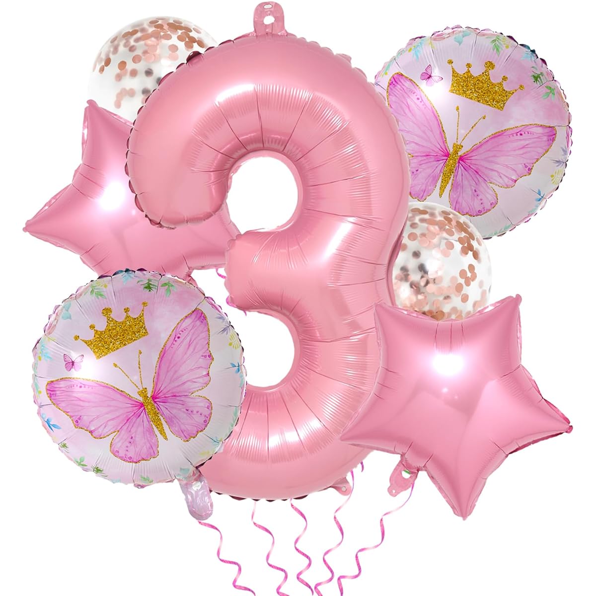 Butterfly Balloons 3rd Birthday Decorations for Girls - 8pcs Pink Butterfly Birthday Party Supplies Number 3 Butterfly Confetti Balloons for Girls Butterfly Birthday Party Pink Fairy Party