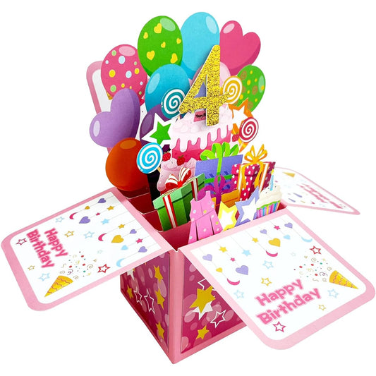 Asmallgf Pink 4th Birthday Pop Up Greeting Card